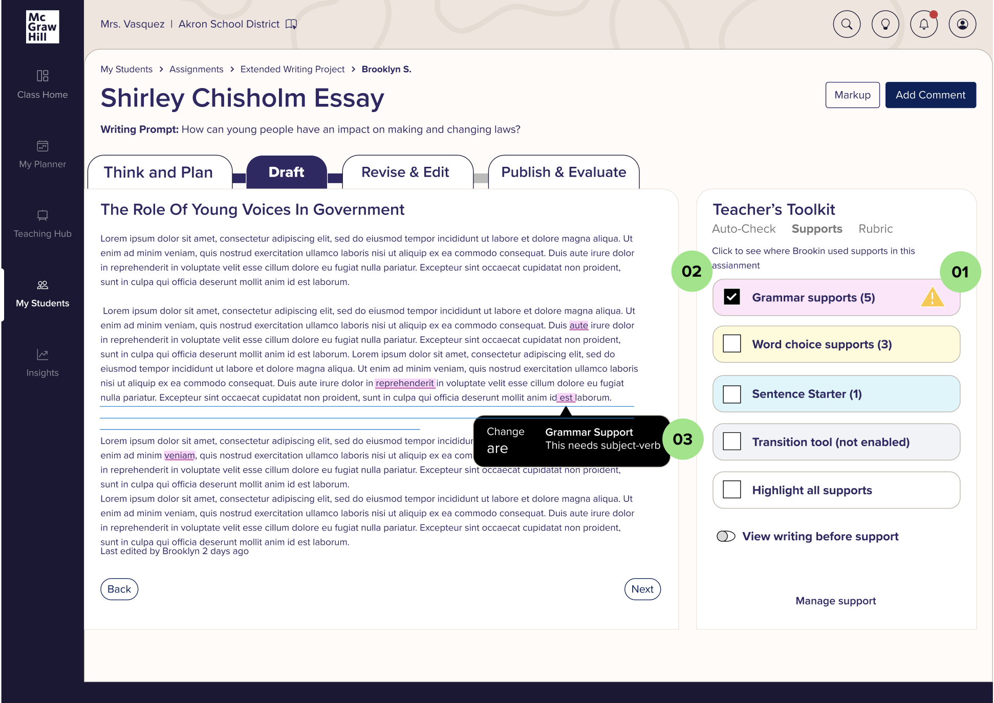 screen representing draft stage in the wrtiting expierience: teacher platform