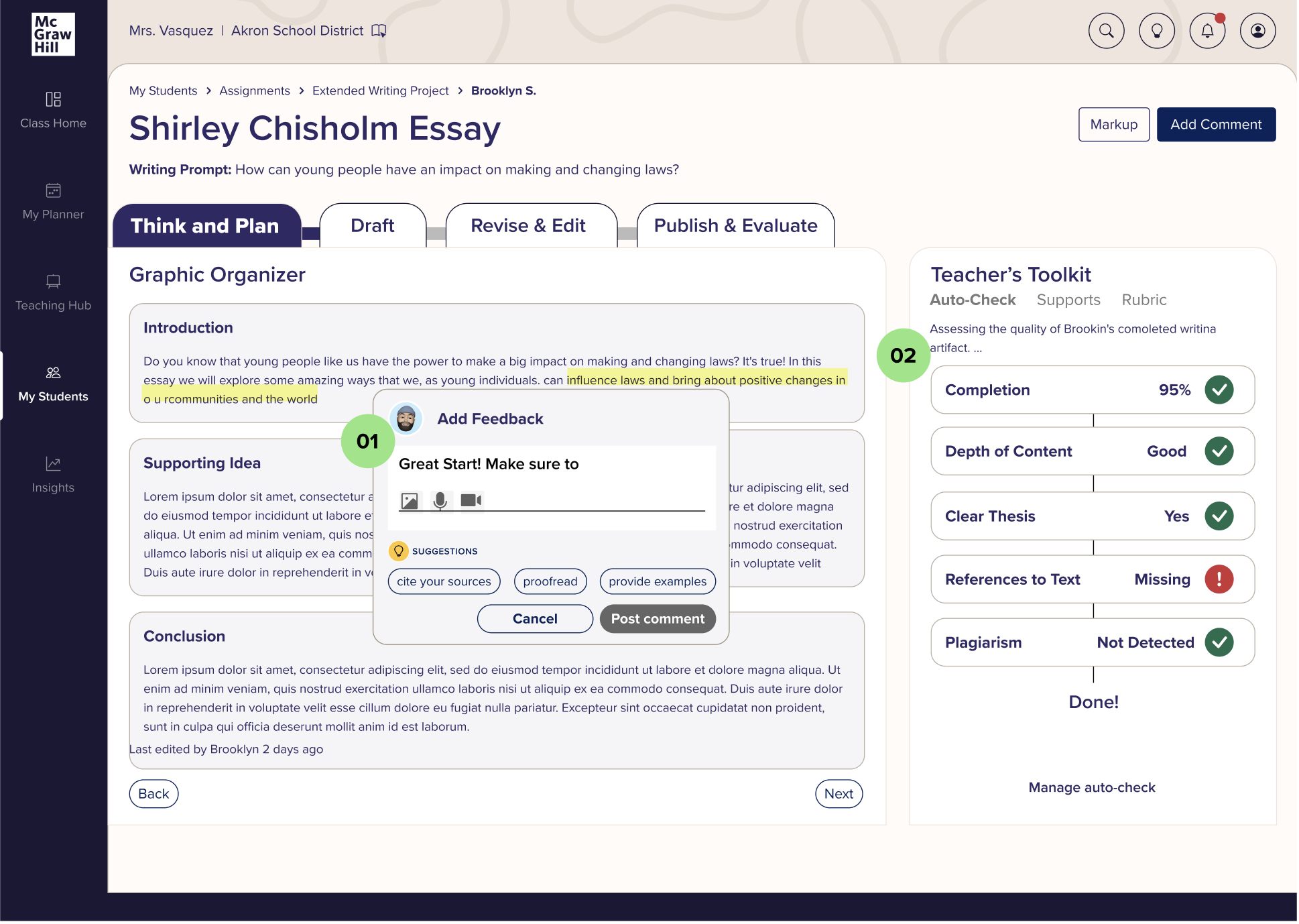 screen representing think and plan stage in the wrtiting expierience: teacher platform