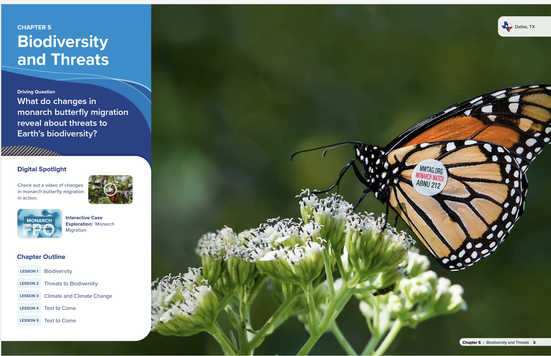 Chapter Opener titled Biodiversity and Threats with a big Monarch Butterfly