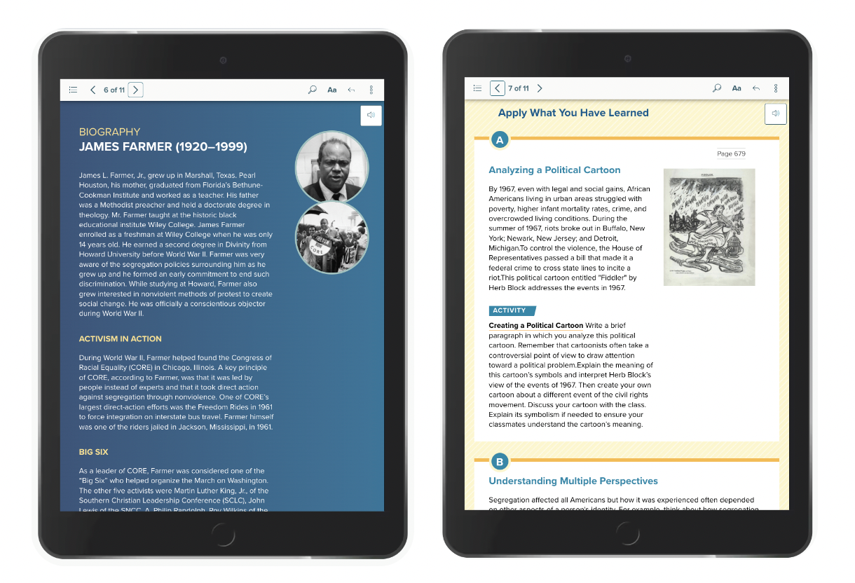 Two iPads showing reflowable screens from National Social Study program.