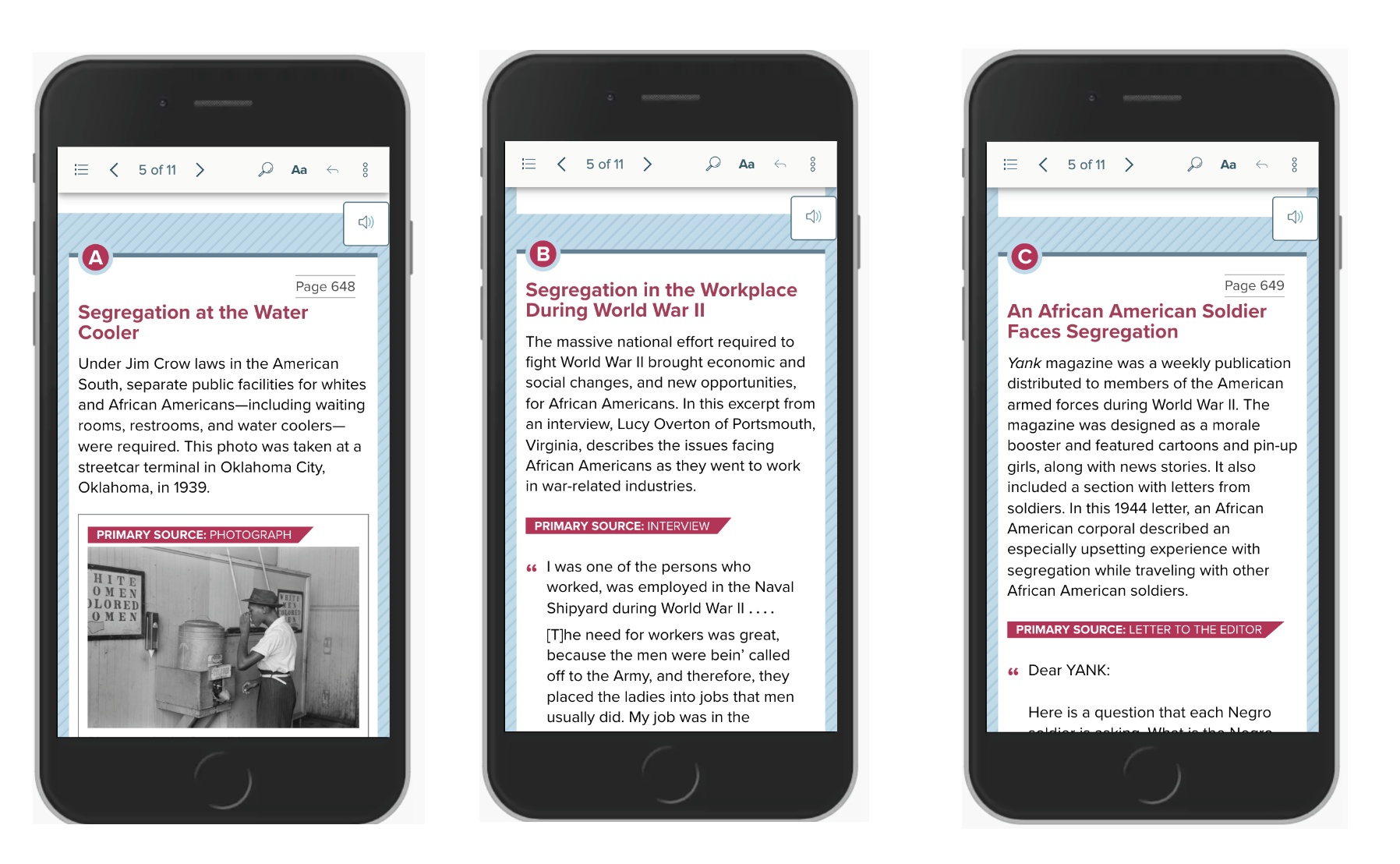 Thress mobile devices with screens representing responsive design for Primary Sources content.